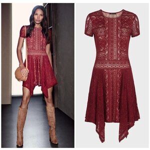 BCBG Maxazaria Sz S Cranberry Red Stretch Lace Asymmetrical Handkerchief Dress